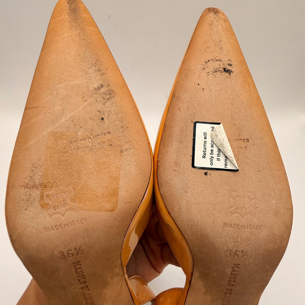 Manolo Blahnik Carolyne Orange Patent Leather Slingback Kitten Heels Size 36.5 - Picture 13 of 13